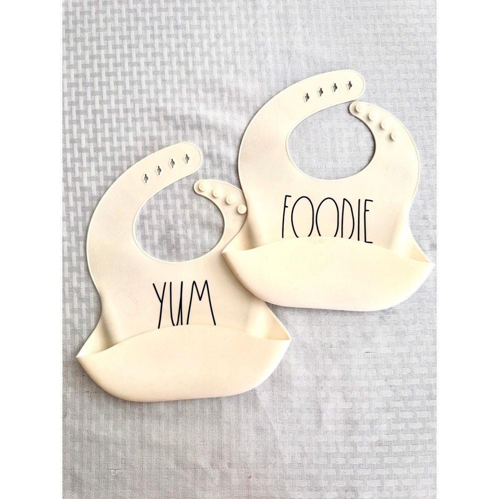 Rae Dunn Silicone Baby Bibs Set 2 Yum Foodie Cream Neutral Adjustable BPA Free